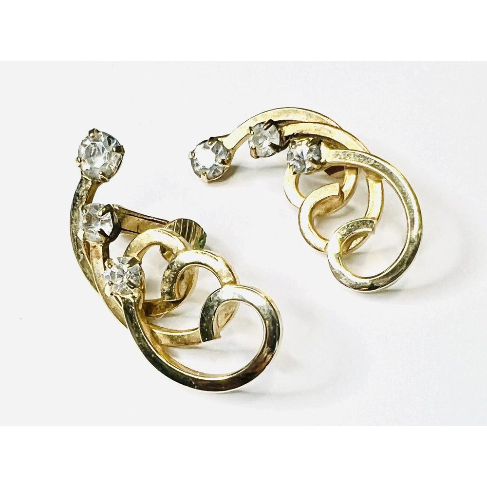 VINTAGE SAC Signed Gold Tone Three Stone Delicate Clip Spiral Earrings STUNNING